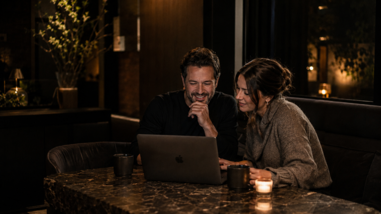 Couple working together on a laptop in a quiet lounge